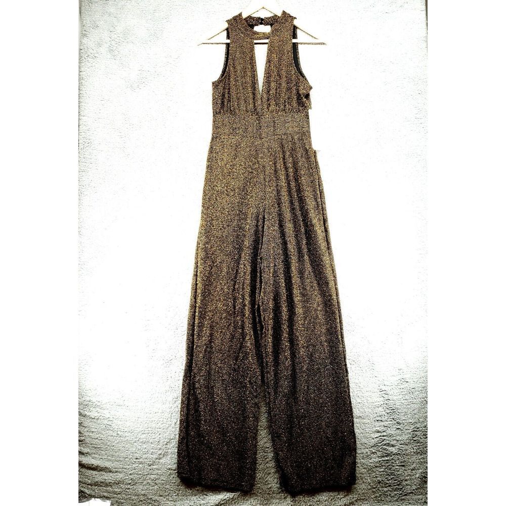 Almost Famous Womens L Gold Sparkle Brown Wide‎ Leg Dressy Jumpsuit Dress Pants